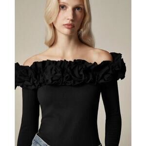 J. Crew Rosettes Stretch Cotton-Blend Off-The-Shoulder Top CF301 Black Sze S NWT
